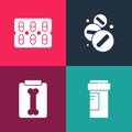Set pop art Medicine bottle, X-ray shots, pill or tablet and Pills blister pack icon. Vector Royalty Free Stock Photo