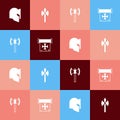 Set pop art Medieval helmet, axe, poleaxe and Crusade icon. Vector Royalty Free Stock Photo