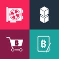 Set pop art Mining bitcoin from tablet, Shopping cart with, Blockchain technology and Video graphic card icon. Vector