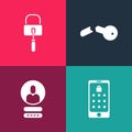 Set pop art Mobile and graphic password, Create account screen, Broken key and Lock picks for lock picking icon. Vector Royalty Free Stock Photo