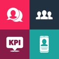 Set pop art Mobile with resume, Key performance indicator, Users group and Speech bubble chat icon. Vector Royalty Free Stock Photo