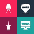 Set pop art Monitor with text work, Push pin, Heart and Office chair icon. Vector Royalty Free Stock Photo