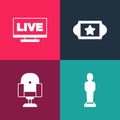 Set pop art Movie trophy, Director movie chair, Cinema ticket and Live stream icon. Vector