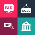Set pop art Museum building, Bid, Auction sold and icon. Vector