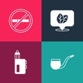 Set pop art No pipe smoking, Vape mod device, Tobacco leaf and icon. Vector Royalty Free Stock Photo