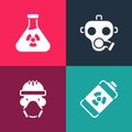 Set pop art Nuclear energy battery, reactor worker, Gas mask and Test tube radiation icon. Vector Royalty Free Stock Photo