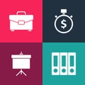 Set pop art Office folders, Chalkboard with diagram, Time is money and Briefcase icon. Vector