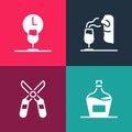 Set pop art Old bottle of wine, Gardening scissors, Sommelier and Wine time icon. Vector Royalty Free Stock Photo