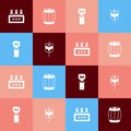 Set pop art Pack of beer bottles, Wooden barrel, Bottle opener and Wheat icon. Vector Royalty Free Stock Photo