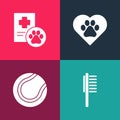 Set pop art Pets vial medical, Tennis ball, Heart with animals footprint and Clinical record pet icon. Vector