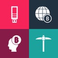 Set pop art Pickaxe, Bitcoin think, Globe and USB flash drive icon. Vector