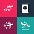 Set pop art Plane landing, Globe with flying plane, Passport and icon. Vector Royalty Free Stock Photo