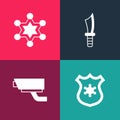 Set pop art Police badge, Security camera, Military knife and Hexagram sheriff icon. Vector Royalty Free Stock Photo