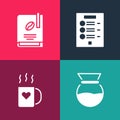 Set pop art Pour over coffee maker, Coffee cup and heart, menu and book icon. Vector