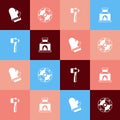 Set pop art Protective gloves, Round shield, Hammer and Blacksmith oven icon. Vector Royalty Free Stock Photo