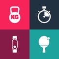 Set pop art Racket and ball, Smartwatch, Stopwatch and Kettlebell icon. Vector Royalty Free Stock Photo