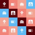 Set pop art Railroad crossing, Train ticket, Coal train wagon and railway tunnel icon. Vector Royalty Free Stock Photo