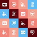 Set pop art Red eye effect, Immune system, Wheelchair for disabled person and DNA symbol icon. Vector Royalty Free Stock Photo