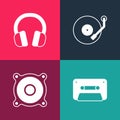 Set pop art Retro audio cassette tape, Stereo speaker, Vinyl player and Headphones icon. Vector Royalty Free Stock Photo