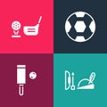 Set pop art Robin hood hat, Wood cricket bat and ball, Football and Golf club with on tee icon. Vector Royalty Free Stock Photo