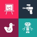 Set pop art Robot toy, Rubber duck, Ray gun and Chalkboard icon. Vector Royalty Free Stock Photo