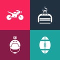 Set pop art Rugby ball, Helmet and action camera, Ski lift and Motorcycle icon. Vector Royalty Free Stock Photo