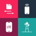 Set pop art Satellite dish, LTE network, Mobile with wi-fi wireless and Transfer files icon. Vector Royalty Free Stock Photo