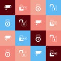Set pop art Security camera, Cyber security, Lock and Open padlock icon. Vector Royalty Free Stock Photo