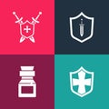 Set pop art Shield, Poison in bottle, Medieval shield with sword and swords icon. Vector