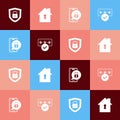 Set pop art Shield security with lock, House under protection, Mobile closed padlock and Password icon. Vector Royalty Free Stock Photo