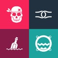 Set pop art Ship porthole with seascape, Bottle message in water, Rope tied knot and Skull icon. Vector Royalty Free Stock Photo