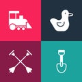 Set pop art Shovel toy, Arrow with sucker tip, Rubber duck and Toy train icon. Vector Royalty Free Stock Photo