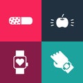 Set pop art Smart watch on hand, , Apple and Vitamin pill icon. Vector