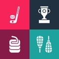 Set pop art Snowshoes, Stone for curling, Award cup and Ice hockey stick and puck icon. Vector Royalty Free Stock Photo