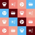 Set pop art Soy sauce in bowl, Food chopsticks with plate, Sushi and Asian noodles icon. Vector