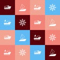 Set pop art Speedboat, Yacht sailboat, Cargo ship and Ship steering wheel icon. Vector Royalty Free Stock Photo