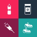 Set pop art Sport sneakers, Doping syringe, Anabolic drugs and Bottle of water icon. Vector