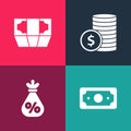 Set pop art Stacks paper money cash, Money bag with percent, Coin dollar and icon. Vector Royalty Free Stock Photo