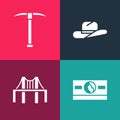 Set pop art Stacks paper money cash, Golden gate bridge, Western cowboy hat and Pickaxe icon. Vector