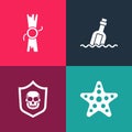 Set pop art Starfish, Shield with pirate skull, Bottle message in water and Decree, parchment, scroll icon. Vector Royalty Free Stock Photo