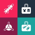 Set pop art Suitcase, Plane propeller, and Rocket icon. Vector Royalty Free Stock Photo