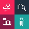 Set pop art Suitcase, Scale with suitcase, Lost baggage and Airplane search icon. Vector
