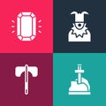 Set pop art Sword in the stone, Medieval axe, Joker head and Diamond icon. Vector