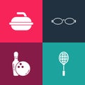 Set pop art Tennis racket, Bowling pin and ball, Glasses for swimming and Stone curling sport game icon. Vector