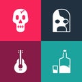 Set pop art Tequila bottle and glass, Mexican guitar, wrestler and Skull icon. Vector Royalty Free Stock Photo