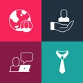 Set pop art Tie, Freelancer, Worker and Globe and people icon. Vector