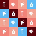 Set pop art Tooth drill, Broken tooth, whitening and Toothache painkiller tablet icon. Vector