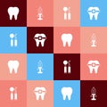 Set pop art Tooth, Syringe, Dental mirror and probe and Teeth with braces icon. Vector