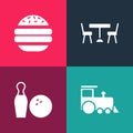 Set pop art Toy train, Bowling pin and ball, Picnic table with chairs and Burger icon. Vector
