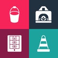 Set pop art Traffic cone, Evacuation plan, Interior fireplace and Fire bucket icon. Vector Royalty Free Stock Photo
